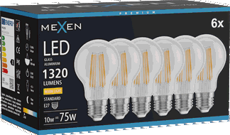 Mexen Vintis 6x Bec LED filament E27, A60, 10W, Caldă - 2700K, 1320 lm, clar - L150-E27-1027-00x06