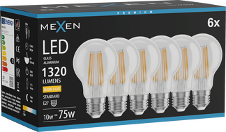 Mexen Vintis 6x LED filament izzó E27, A60, 10W, Meleg - 2700K, 1320 lm, átlátszó - L150-E27-1027-00x06