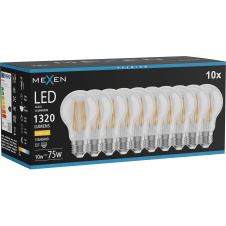 Mexen Vintis 10x LED filament izzó E27, A60, 10W, Meleg - 2700K, 1320 lm, átlátszó - L150-E27-1027-00x10