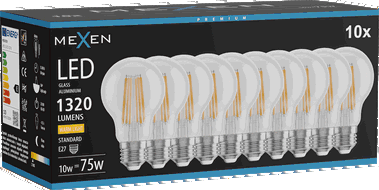 Mexen Vintis 10x Bec LED filament E27, A60, 10W, Cald - 2700K, 1320 lm, clar - L150-E27-1027-00x10