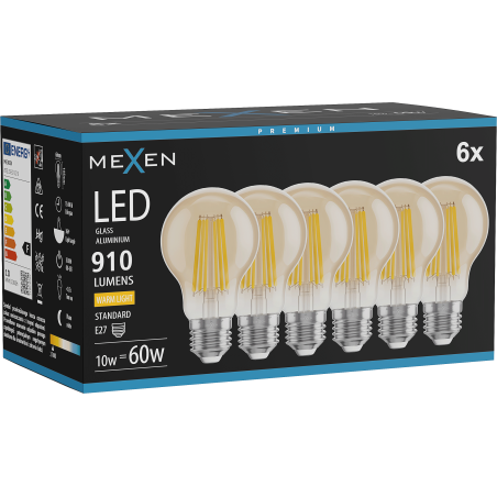 Mexen Vintis 6x Bec cu filament LED E27, A60, 10W, Caldă - 2700K, 910 lm, chihlimbar - L150-E27-1027-50x06