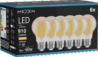 Mexen Vintis 6x Bec cu filament LED E27, A60, 10W, Caldă - 2700K, 910 lm, chihlimbar - L150-E27-1027-50x06