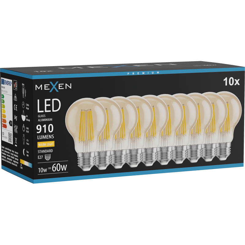 Mexen Vintis 10x LED filament izzó E27, A60, 10W, Meleg - 2700K, 910 lm, borostyán - L150-E27-1027-50x10