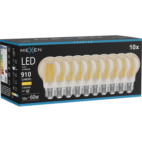 Mexen Vintis 10x Bec LED filament E27, A60, 10W, Cald - 2700K, 910 lm, amber - L150-E27-1027-50x10