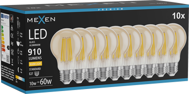 Mexen Vintis 10x LED filament izzó E27, A60, 10W, Meleg - 2700K, 910 lm, borostyán - L150-E27-1027-50x10