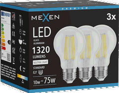 Mexen Vintis 3x Bec LED filament E27, A60, 10W, Neutru - 4000K, 1320 lm, transparent - L150-E27-1040-00x03
