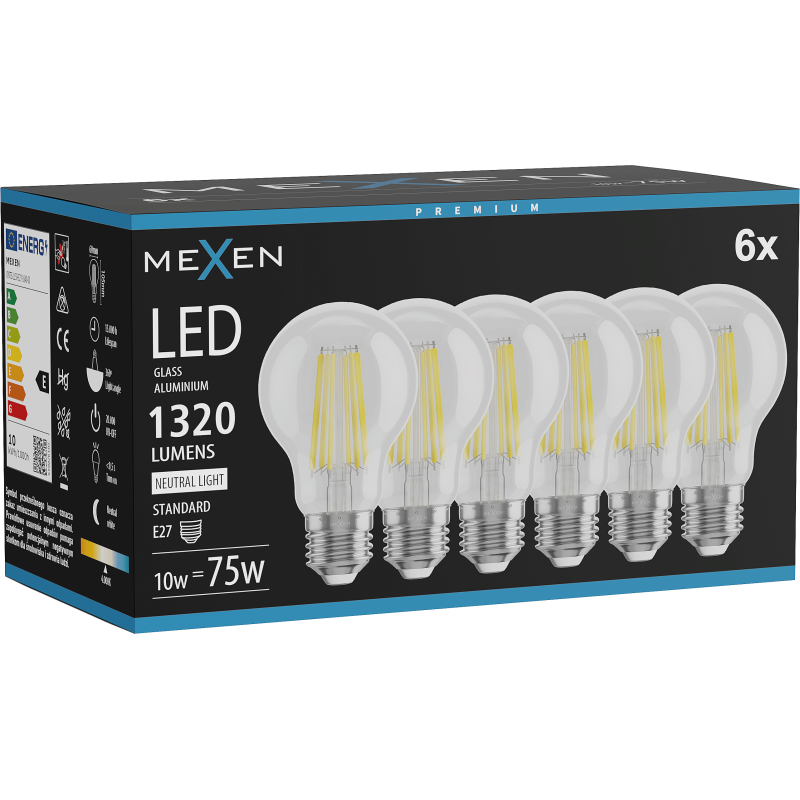 Mexen Vintis 6x Bec cu filament LED E27, A60, 10W, Neutru - 4000K, 1320 lm, transparent - L150-E27-1040-00x06