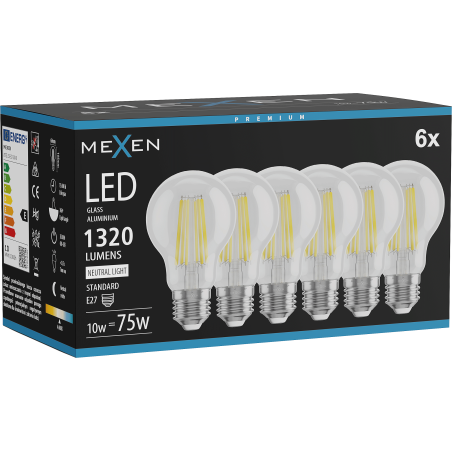Mexen Vintis 6x LED filament izzó E27, A60, 10W, Semleges - 4000K, 1320 lm, átlátszó - L150-E27-1040-00x06