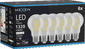 Mexen Vintis 6x Bec cu filament LED E27, A60, 10W, Neutru - 4000K, 1320 lm, transparent - L150-E27-1040-00x06
