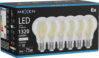 Mexen Vintis 6x LED filament izzó E27, A60, 10W, Semleges - 4000K, 1320 lm, átlátszó - L150-E27-1040-00x06