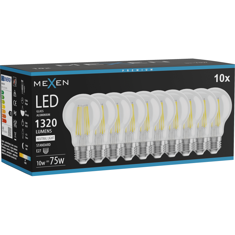 Mexen Vintis 10x Bec filament LED E27, A60, 10W, Neutră - 4000K, 1320 lm, transparent - L150-E27-1040-00x10