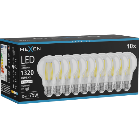 Mexen Vintis 10x Bec filament LED E27, A60, 10W, Neutră - 4000K, 1320 lm, transparent - L150-E27-1040-00x10