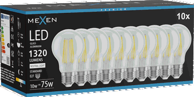 Mexen Vintis 10x Bec filament LED E27, A60, 10W, Neutră - 4000K, 1320 lm, transparent - L150-E27-1040-00x10