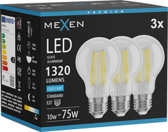 Mexen Vintis 3x LED filament izzó E27, A60, 10W, Hideg - 6500K, 1320 lm, átlátszó - L150-E27-1065-00x03