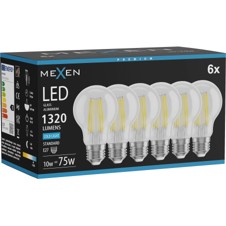 Mexen Vintis 6x Bec LED filament E27, A60, 10W, Rece - 6500K, 1320 lm, clar - L150-E27-1065-00x06