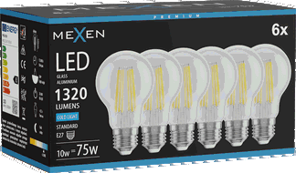 Mexen Vintis 6x Bec LED filament E27, A60, 10W, Rece - 6500K, 1320 lm, clar - L150-E27-1065-00x06
