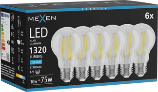 Mexen Vintis 6x LED filament izzó E27, A60, 10W, Hideg - 6500K, 1320 lm, átlátszó - L150-E27-1065-00x06