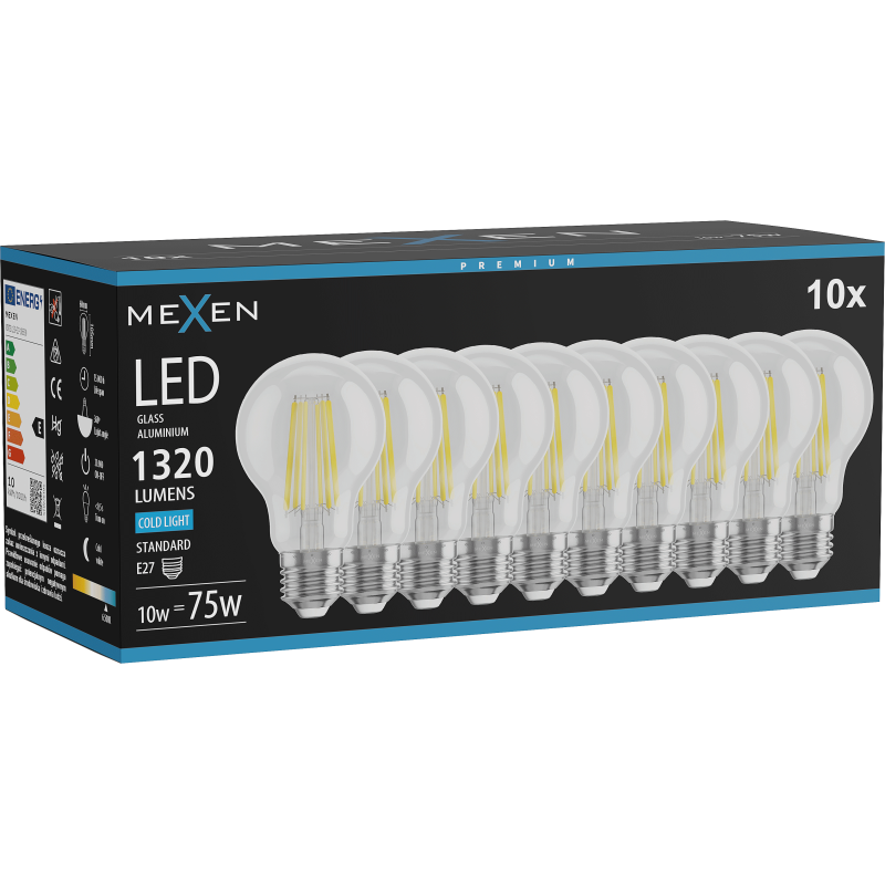 Mexen Vintis 10x Bec cu filament LED E27, A60, 10W, Rece - 6500K, 1320 lm, clar - L150-E27-1065-00x10