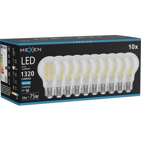 Mexen Vintis 10x LED filament izzó E27, A60, 10W, Hideg - 6500K, 1320 lm, tiszta - L150-E27-1065-00x10
