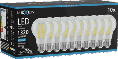 Mexen Vintis 10x Bec cu filament LED E27, A60, 10W, Rece - 6500K, 1320 lm, clar - L150-E27-1065-00x10
