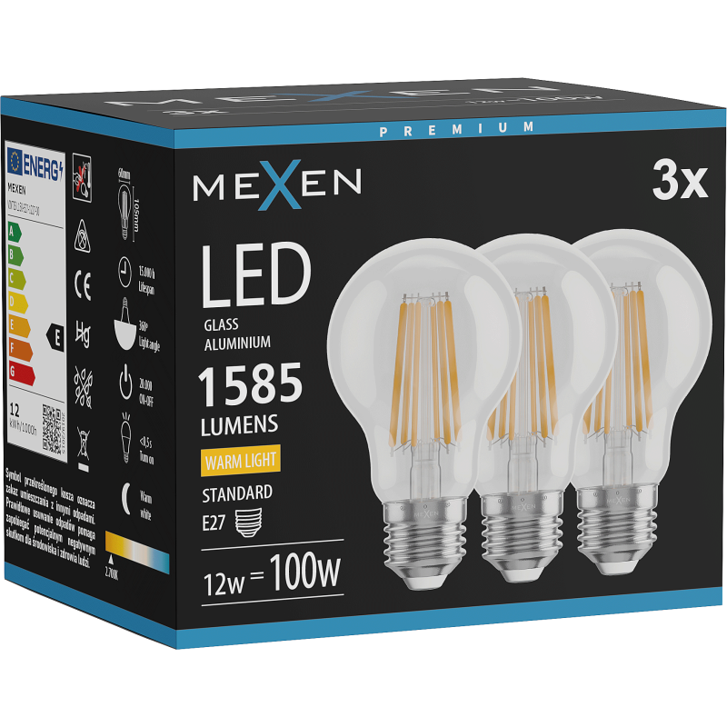 Mexen Vintis 3x Bec LED filament E27, A60, 12W, Cald - 2700K, 1585 lm, clar - L150-E27-1227-00x03