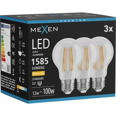 Mexen Vintis 3x Bec LED filament E27, A60, 12W, Cald - 2700K, 1585 lm, clar - L150-E27-1227-00x03