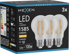 Mexen Vintis 3x LED filament izzó E27, A60, 12W, Meleg - 2700K, 1585 lm, átlátszó - L150-E27-1227-00x03