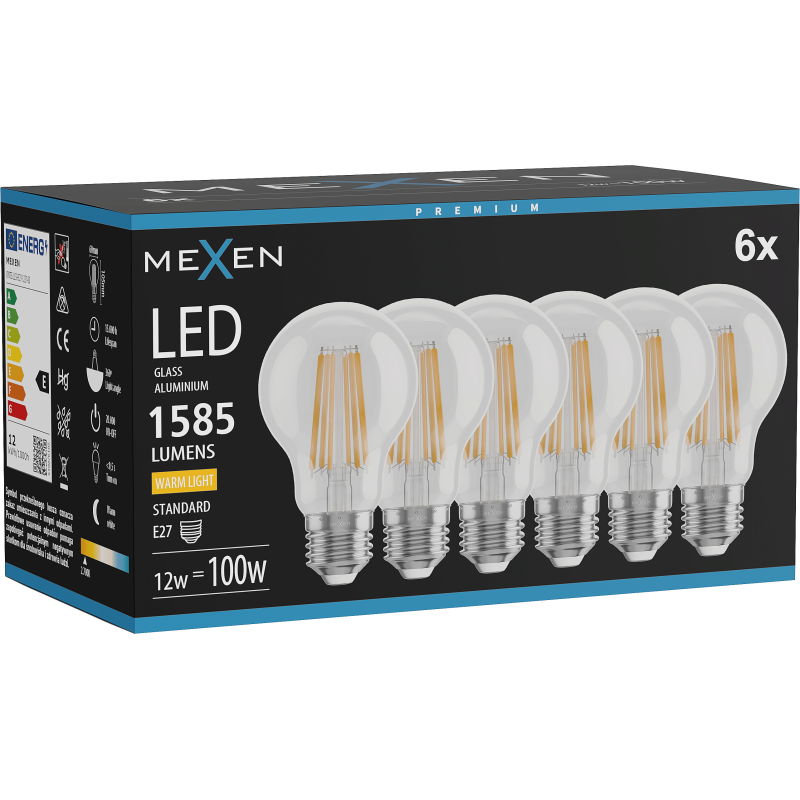 Mexen Vintis 6x LED filament izzó E27, A60, 12W, Meleg - 2700K, 1585 lm, átlátszó - L150-E27-1227-00x06