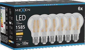 Mexen Vintis 6x Bec filament LED E27, A60, 12W, Caldă - 2700K, 1585 lm, transparent - L150-E27-1227-00x06