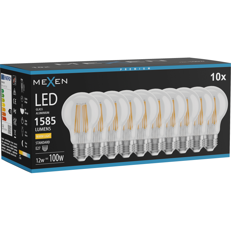 Mexen Vintis 10x Bec Filament LED E27, A60, 12W, Cald - 2700K, 1585 lm, transparent - L150-E27-1227-00x10