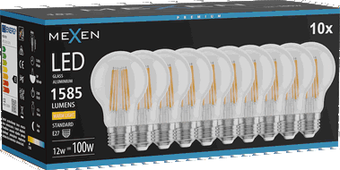 Mexen Vintis 10x Bec Filament LED E27, A60, 12W, Cald - 2700K, 1585 lm, transparent - L150-E27-1227-00x10