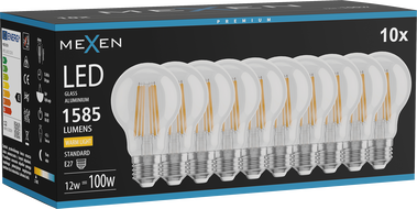 Mexen Vintis 10x LED filament izzó E27, A60, 12W, Meleg - 2700K, 1585 lm, átlátszó - L150-E27-1227-00x10