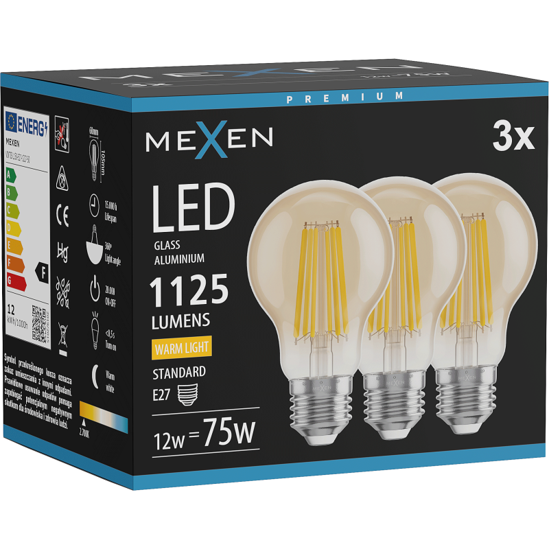 Mexen Vintis 3x LED filament izzó E27, A60, 12W, Meleg - 2700K, 1125 lm, borostyán - L150-E27-1227-50x03
