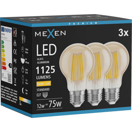 Mexen Vintis 3x LED filament izzó E27, A60, 12W, Meleg - 2700K, 1125 lm, borostyán - L150-E27-1227-50x03