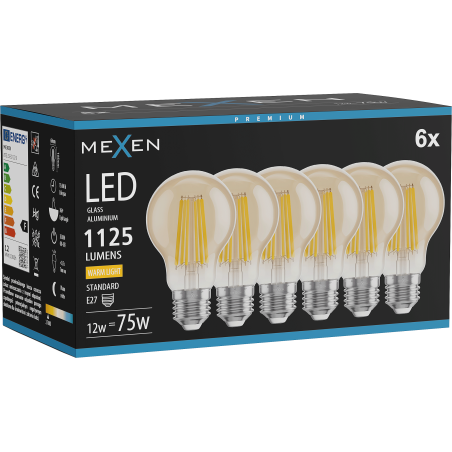 Mexen Vintis 6x LED filament izzó E27, A60, 12W, Meleg - 2700K, 1125 lm, borostyánsárga - L150-E27-1227-50x06