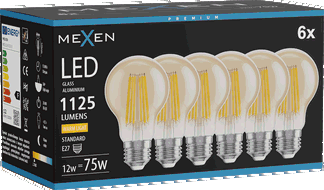 Mexen Vintis 6x Bec LED tip filament E27, A60, 12W, Cald - 2700K, 1125 lm, chihlimbar - L150-E27-1227-50x06