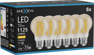 Mexen Vintis 6x LED filament izzó E27, A60, 12W, Meleg - 2700K, 1125 lm, borostyánsárga - L150-E27-1227-50x06