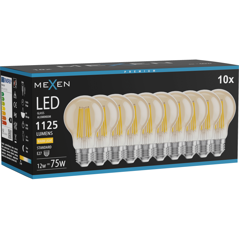 Mexen Vintis 10x Bec LED cu filament E27, A60, 12W, Cald - 2700K, 1125 lm, amber - L150-E27-1227-50x10