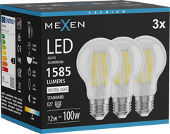 Mexen Vintis 3x LED filament izzó E27, A60, 12W, Semleges - 4000K, 1585 lm, átlátszó - L150-E27-1240-00x03
