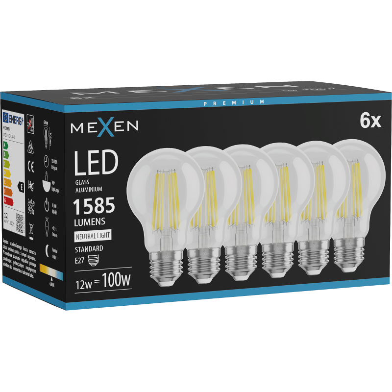 Mexen Vintis 6x LED filament izzó E27, A60, 12W, Semleges - 4000K, 1585 lm, áttetsző - L150-E27-1240-00x06