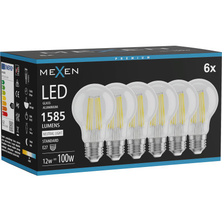 Mexen Vintis 6x LED filament izzó E27, A60, 12W, Semleges - 4000K, 1585 lm, áttetsző - L150-E27-1240-00x06