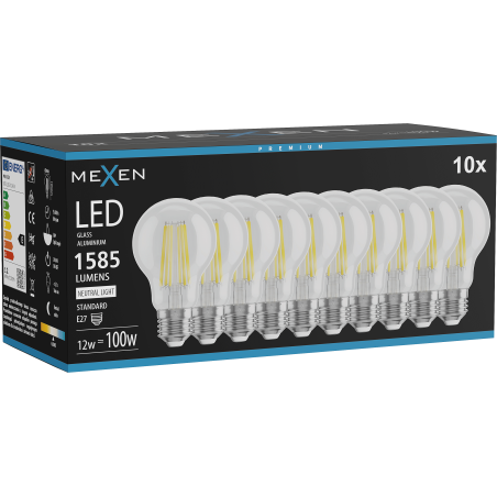 Mexen Vintis 10x LED filament izzó E27, A60, 12W, Semleges - 4000K, 1585 lm, átlátszó - L150-E27-1240-00x10