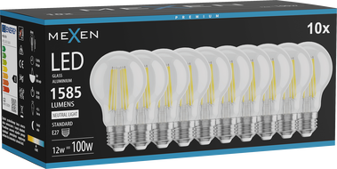 Mexen Vintis 10x Bec filament LED E27, A60, 12W, Neutră - 4000K, 1585 lm, clar - L150-E27-1240-00x10