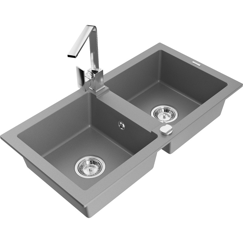 Mexen Mario chiuvetă de granit cu 2 compartimente cu baterie de bucătărie Rita, gri - 6504-71-670300-00