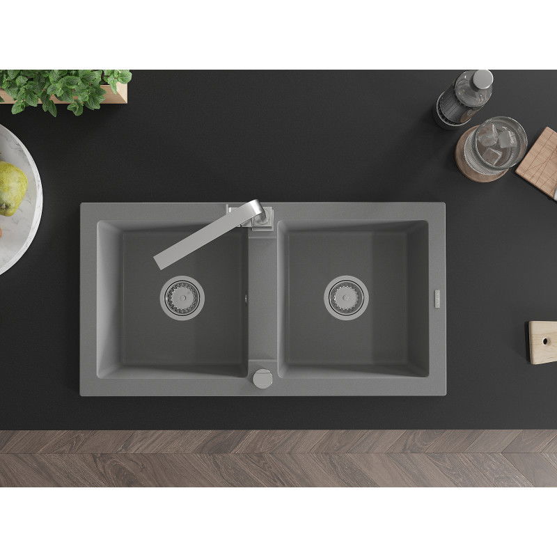 Mexen Mario gránit mosogató 2 rekeszes Mario Rita konyhai csappal, szürke - 6504-71-670300-00