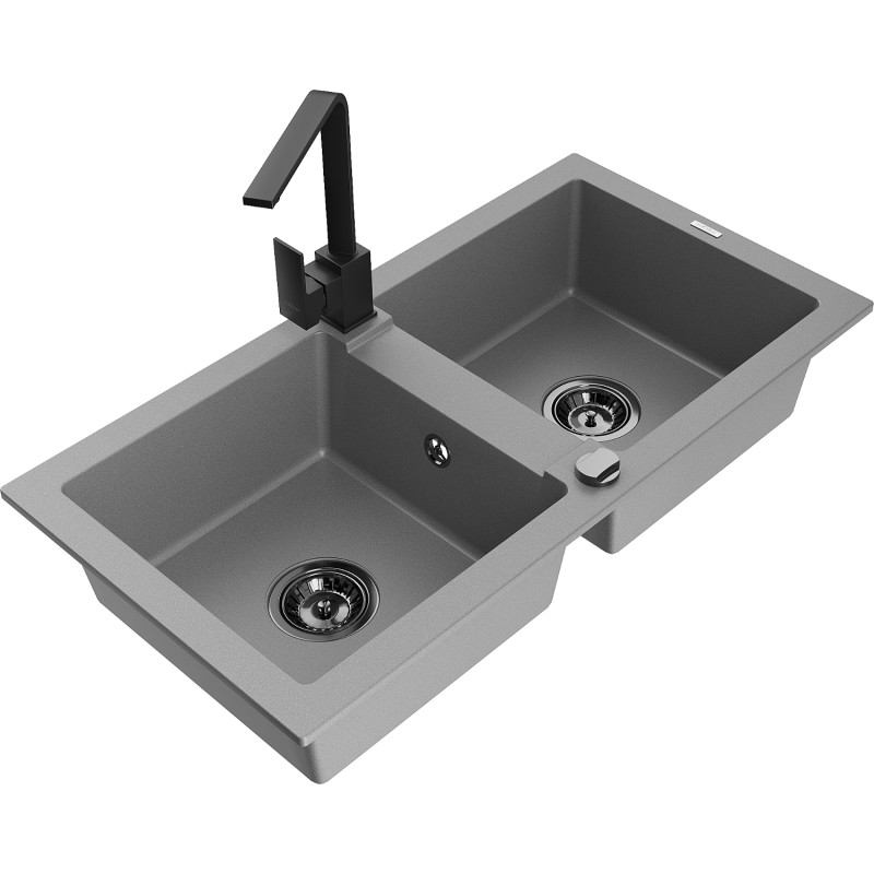 Mexen Mario chiuvetă de granit cu 2 cuve cu baterie de bucătărie Rita, gri - 6504-71-670300-70-B