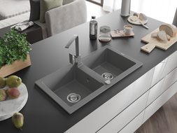 Mexen Mario 2-kamrás gránit mosogató Rita konyhai csappal, szürke - 6504-71-670300-71