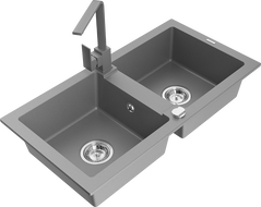 Mexen Mario 2-kamrás gránit mosogató Rita konyhai csappal, szürke - 6504-71-670300-71