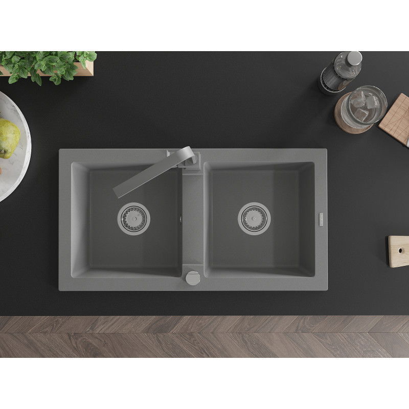 Mexen Mario 2-kamrás gránit mosogató Rita konyhai csappal, szürke - 6504-71-670300-71