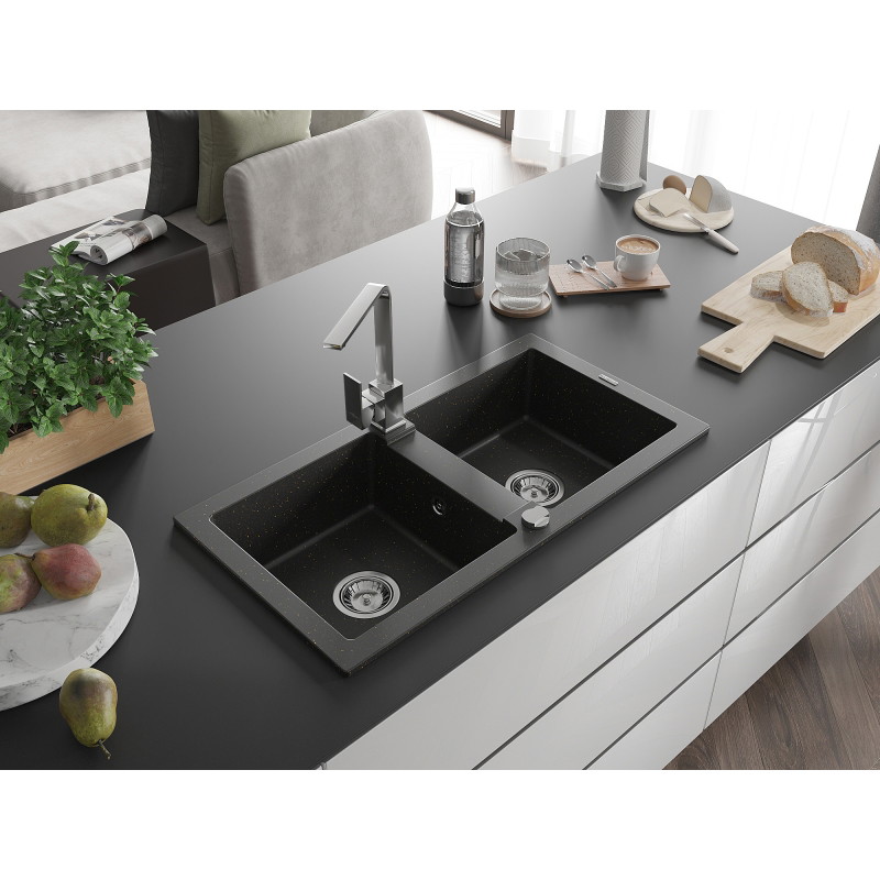 Mexen Mario chiuvetă din granit cu 2 compartimente și baterie de bucătărie Rita, negru/auriu metalic - 6504-75-670300-00